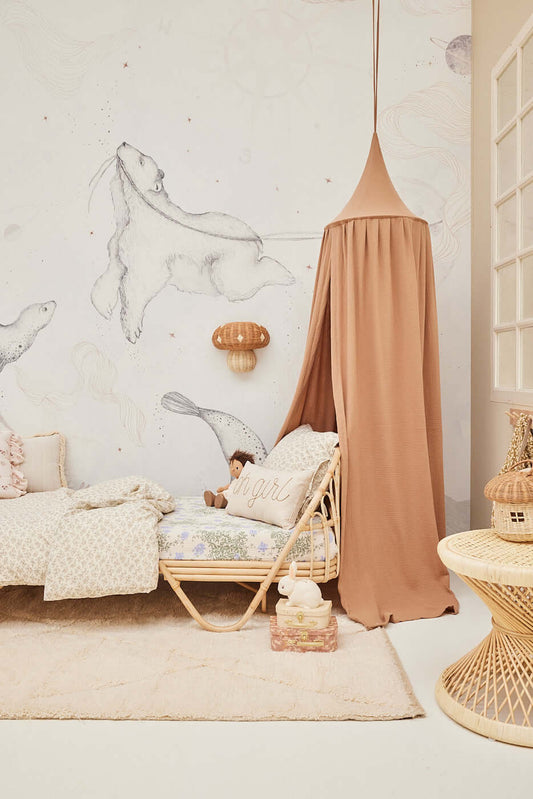 Magical Bear World wallpaper – wide view of mural in modern nursery, Matuu signature style