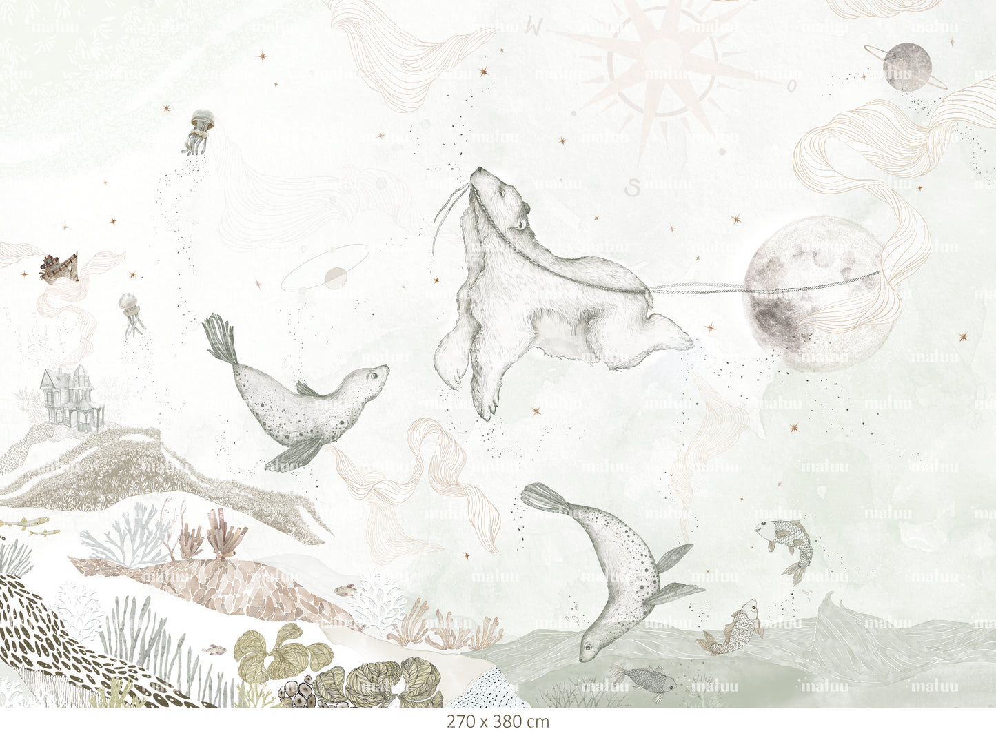 Matuu – light green Magical Bear World mural, pattern detail with bears and seals