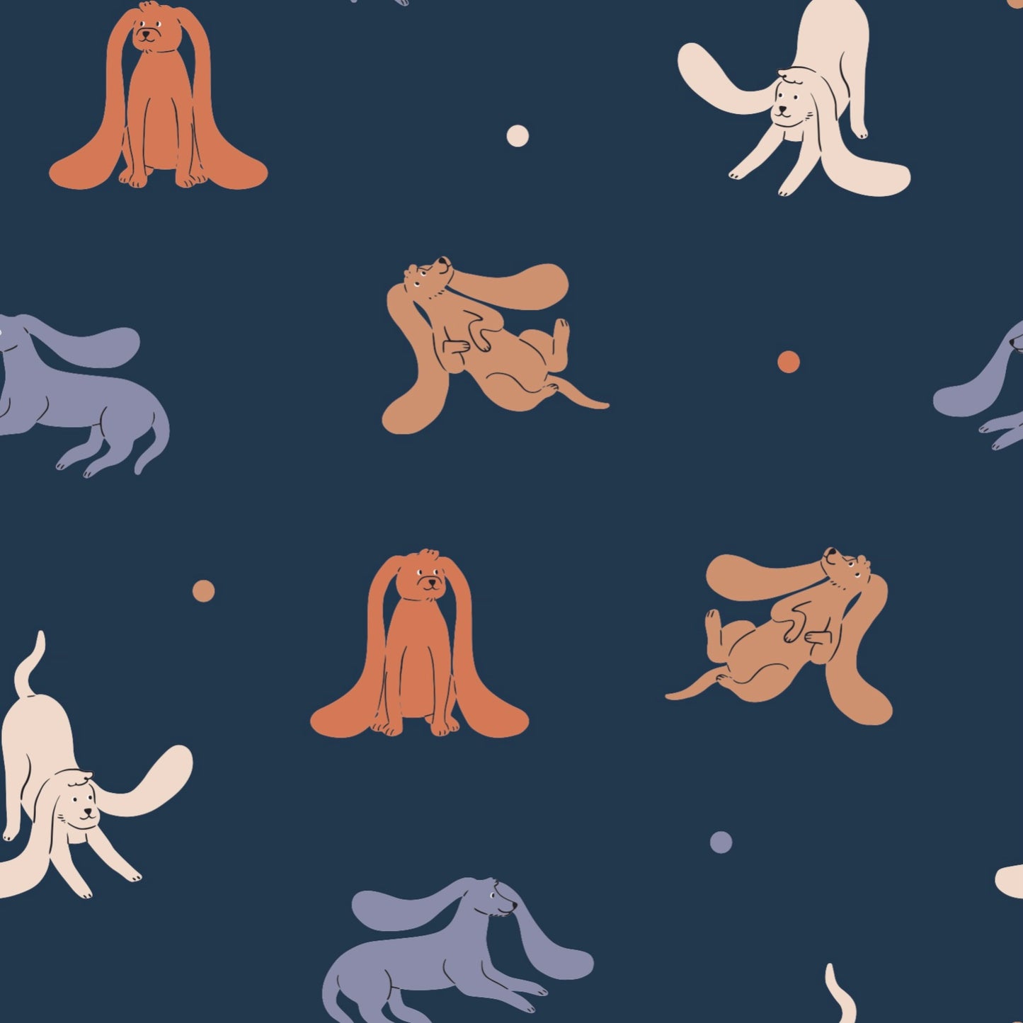 Matuu Floppy Dogs wallpaper in navy – dog illustrations in beige, terracotta and lavender on dark blue background