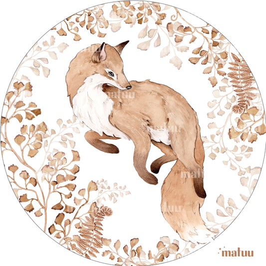 Matuu fox wall decal – round woodland sticker with floral wreath in soft pastel colors.
