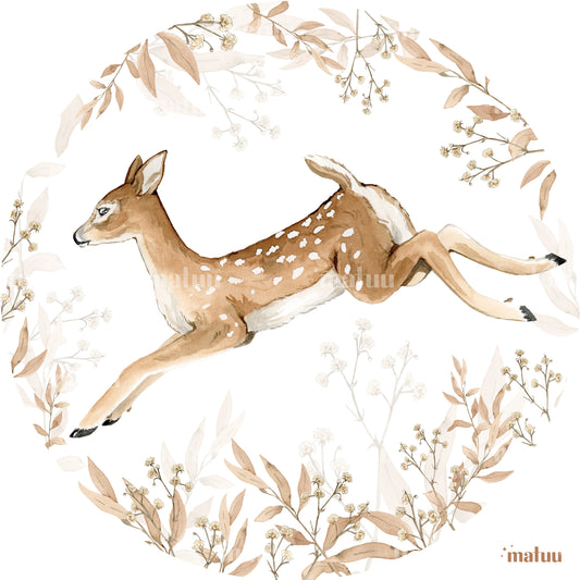 Close-up of Matuu watercolor deer in circular wall sticker – nature-inspired nursery wall art