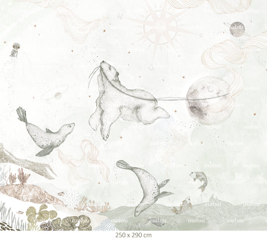 Matuu – light green Magical Bear World mural, zoom on swimming animals and moon