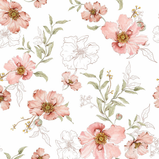 Matuu Blush Botanical wallpaper – close-up of pink floral pattern with green leaves on light background