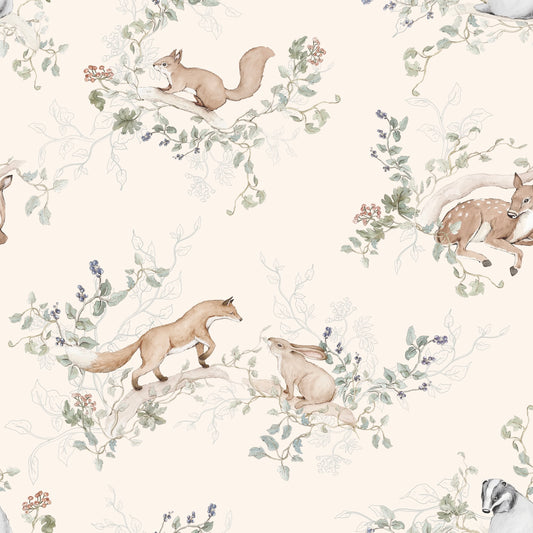Matuu forest animal wallpaper – fox, rabbit and squirrel illustrated among soft green foliage on a light cream background