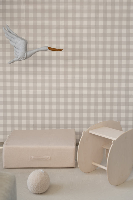 Matuu Woodland Gingham moss green checks wallpaper with pastel furniture – modern nursery design