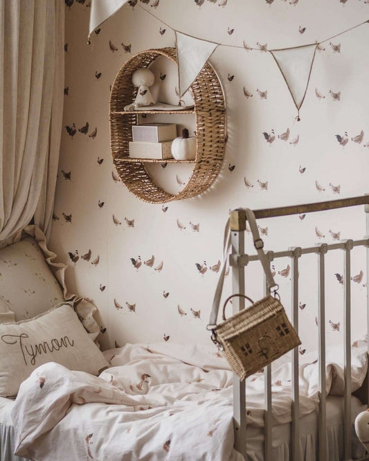 Close-up of Retro Hens wallpaper pattern with delicate hens and floral details