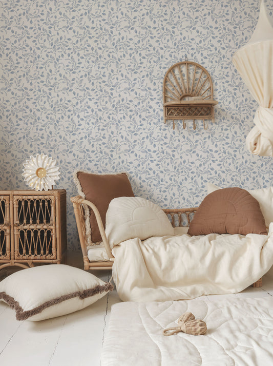 Nursery with Matuu Eucalyptus Whimsy jeans wallpaper and natural wooden accents
