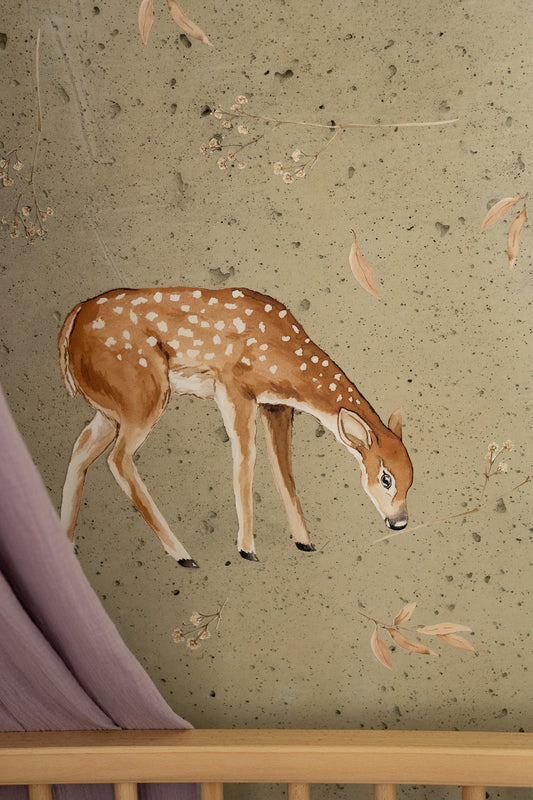 Close-up of Matuu deer wall sticker in baby room with green wall and lavender canopy
