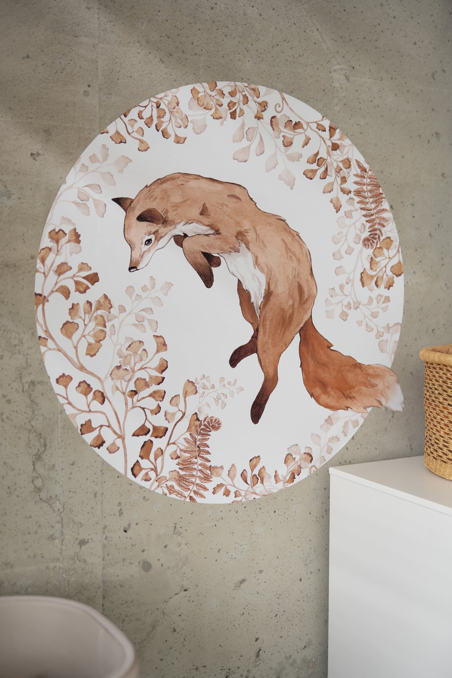 Round fox sticker by Matuu – botanical nursery wall decal in warm beige and terracotta tones.