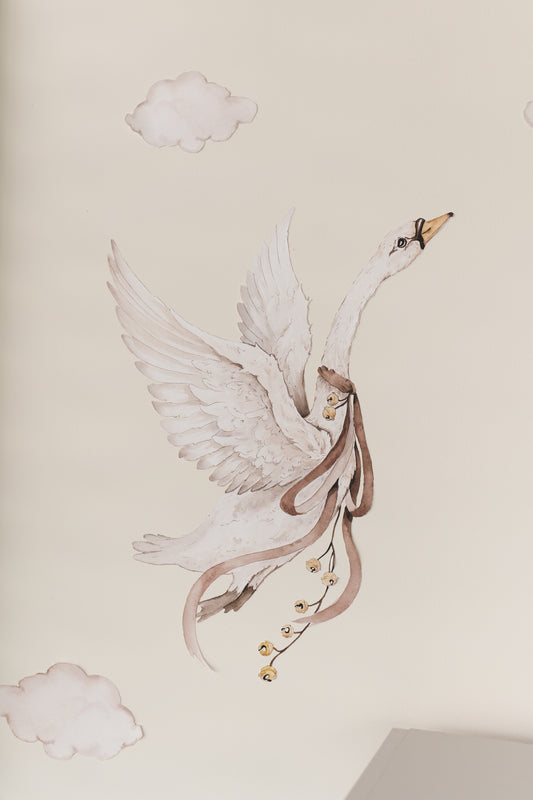 Flying swan wall sticker in neutral baby room – soft and elegant wall accent