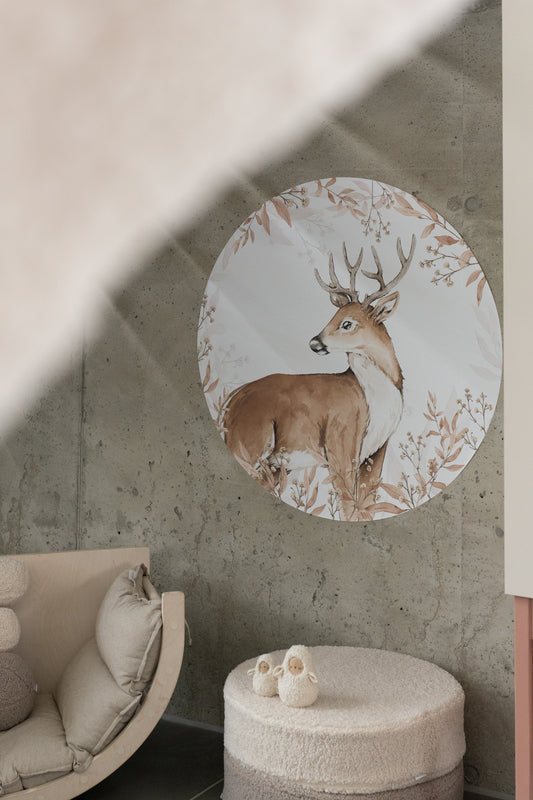 Matuu circular deer wall sticker in modern nursery with natural textures and minimal decor