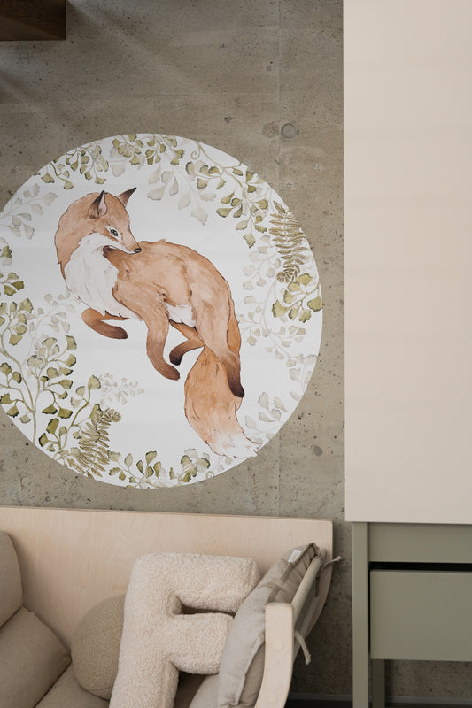 Enchanted Fox in Greenery – Ronde Muursticker voor Babykamer
