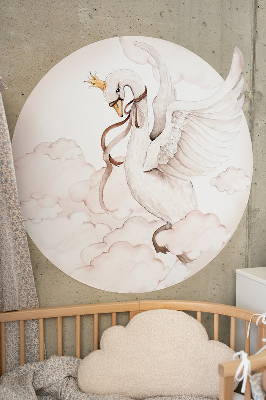 Dancing swan wall sticker in neutral nursery – large round decal on soft beige wall.