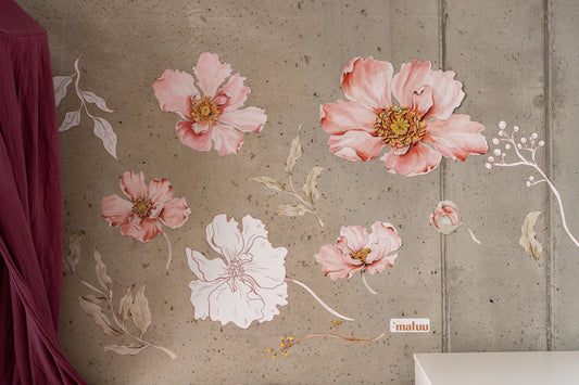 Matuu nursery flower wall stickers – blush and dusty pink blooms styled on olive wall.