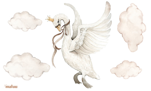 Flying swan wall decal with crown and clouds – whimsical nursery sticker by Matuu