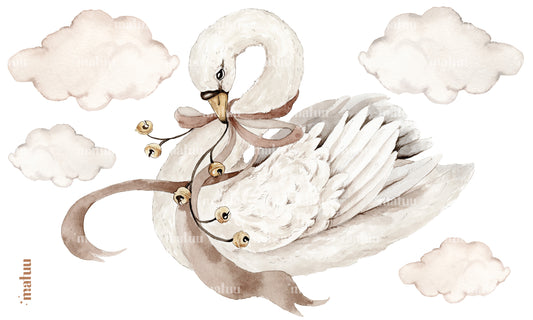 Watercolor swan wall decal with clouds – elegant nursery sticker by Matuu