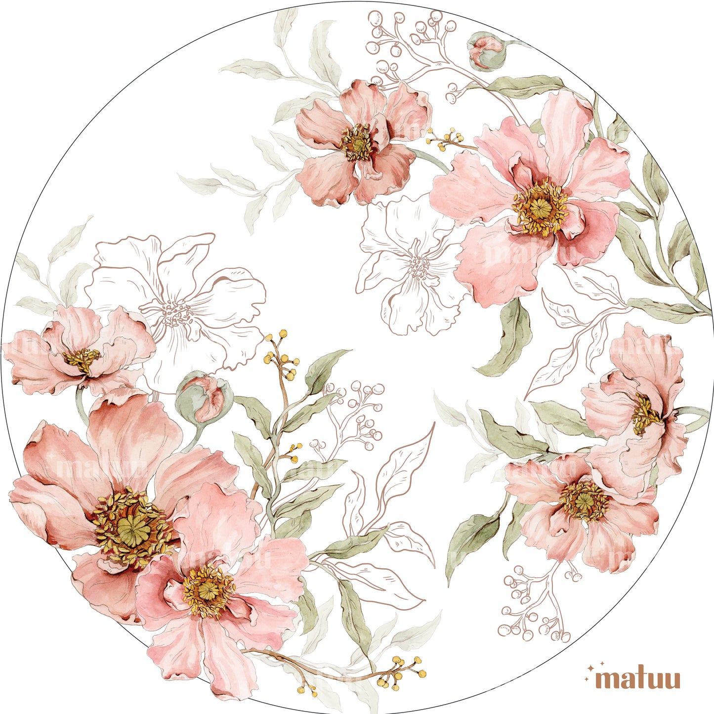 Round blush botanical wall sticker with watercolor flowers