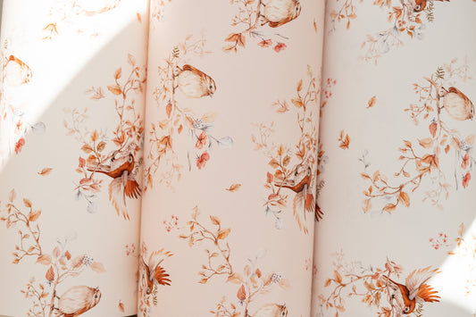 Close-up of Matuu Brunch on Branches wallpaper – small-scale pattern with birds and fine branches in neutral tones