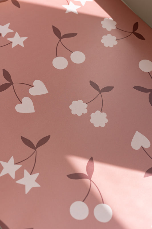 Close-up of Matuu Heartgarden wallpaper – rust version with whimsical shapes and soft vintage tones