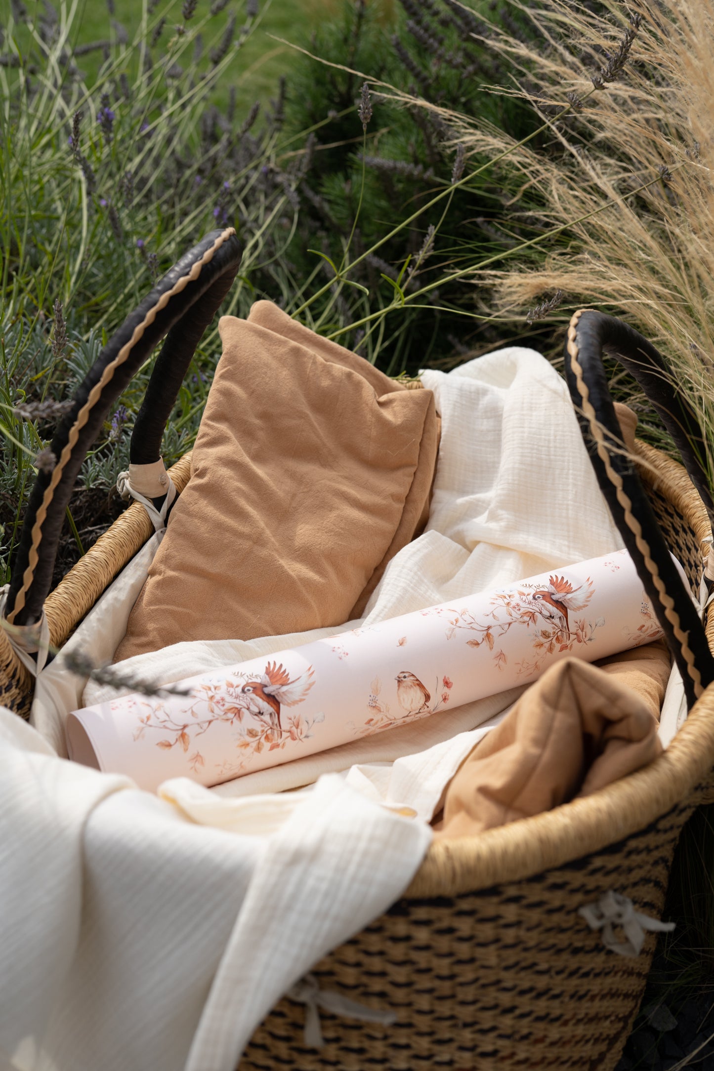 Matuu wallpaper styled in basket – Brunch on Branches design in soft warm neutrals