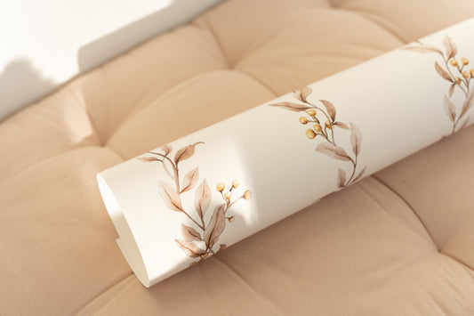 Rolled Brown Leaf Garland on White wallpaper showcasing soft brown leaves on white background – Matuu design