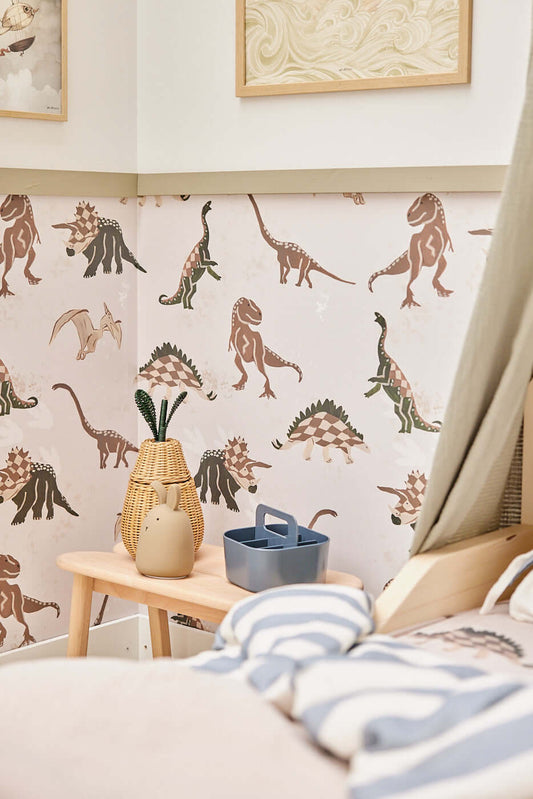 Retro Dinos wallpaper close-up, pastel dinosaur illustrations, Matuu kids wallpaper