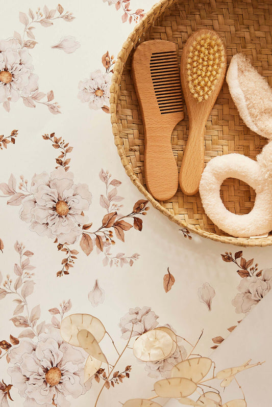 Rolled Wild Roses on White wallpaper showing soft pink roses and green leaves – Matuu design