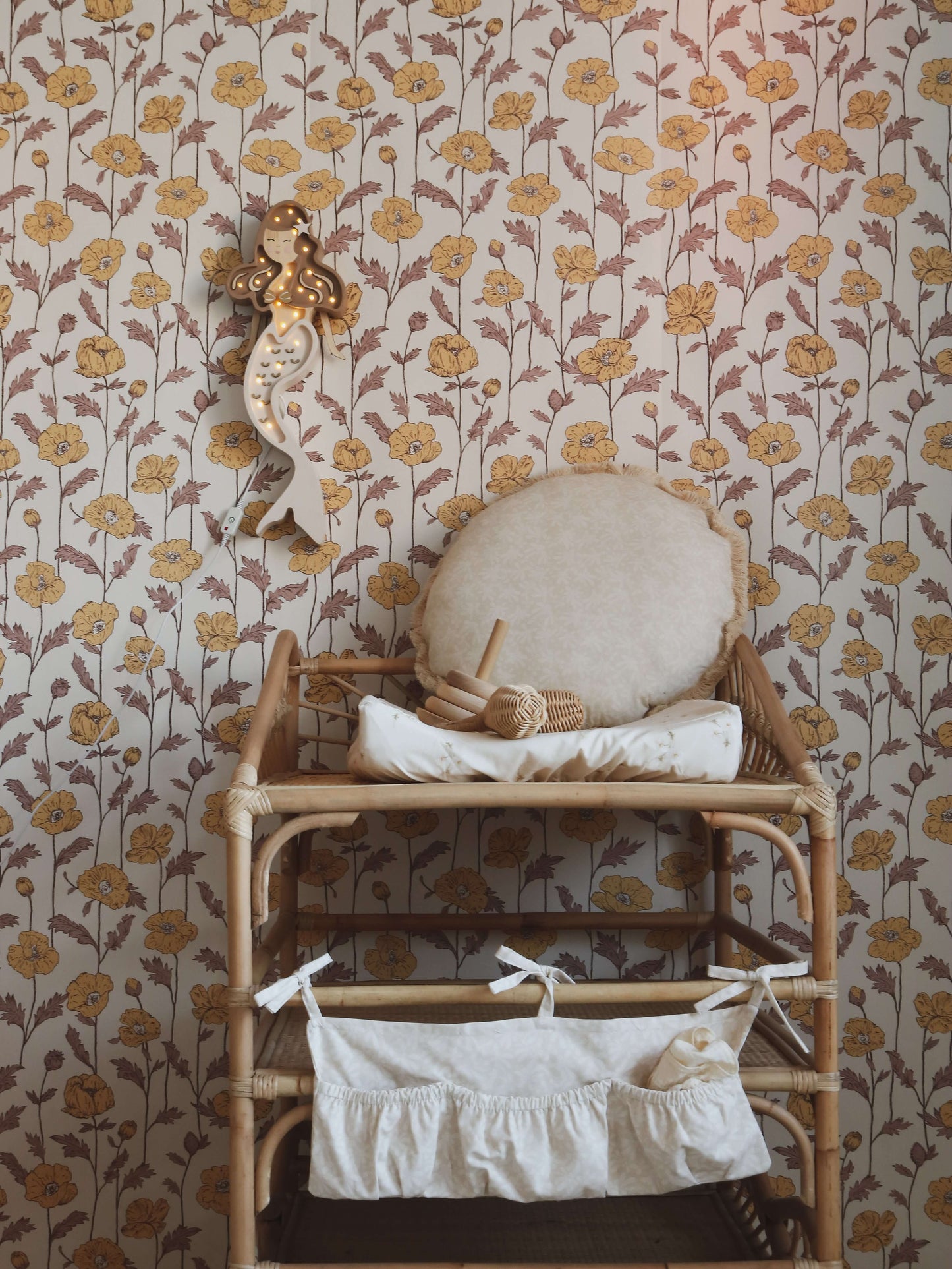 Retro Poppy Flower wallpaper – dark photo of kids’ room with floral wallpaper and vintage bed, Matuu collection.