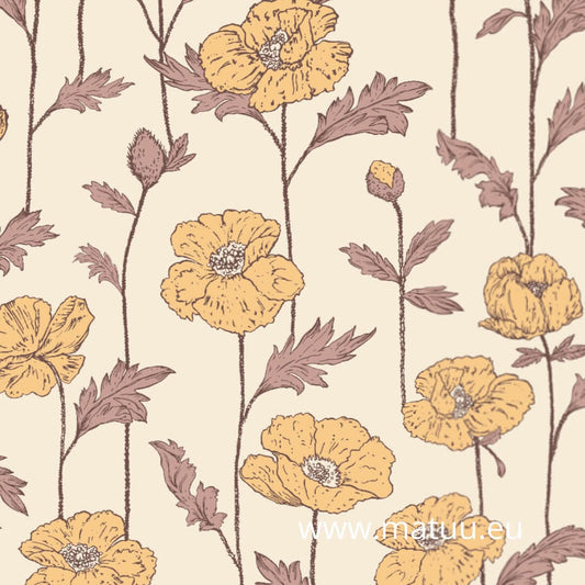 Close-up of Retro Poppy Flower wallpaper pattern with mustard yellow flowers on white background, Matuu exclusive.