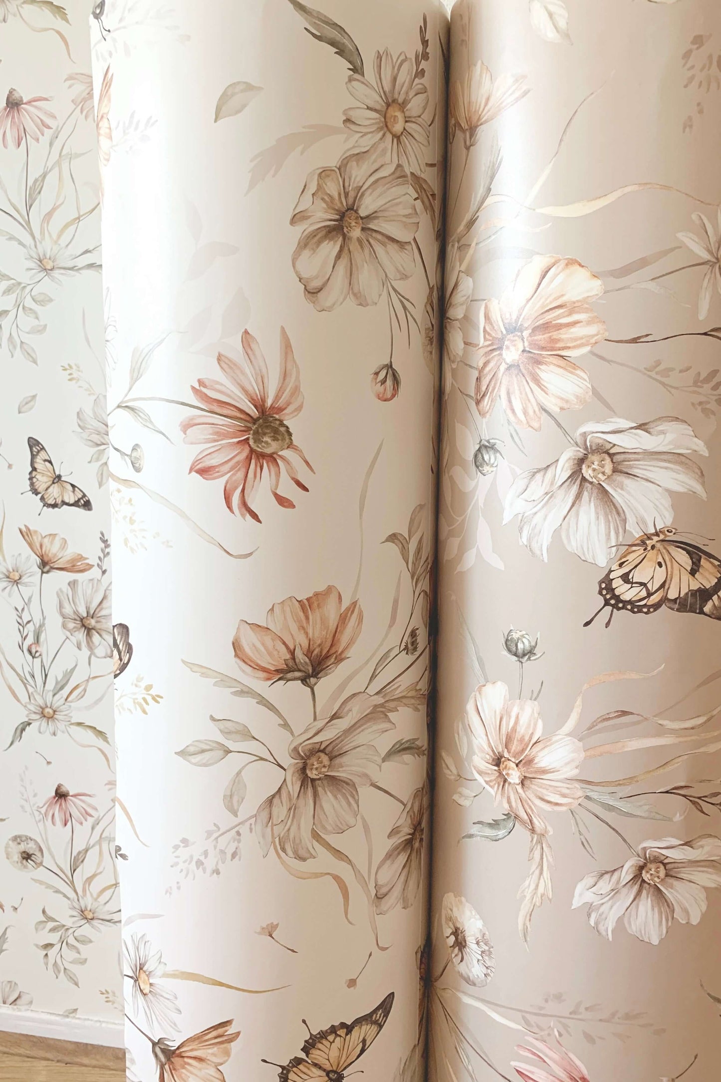 Rolled Matuu Golden Meadow on Caramel wallpaper showcasing floral detail and premium texture.