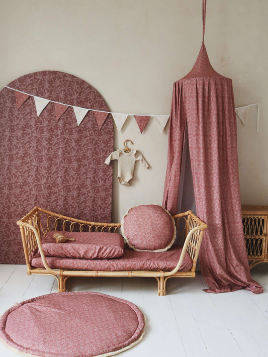 Matuu Burgundy Barberries wallpaper styled with pink mirror and soft decor