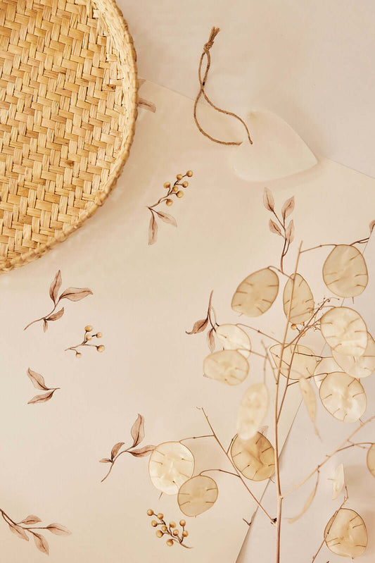 Rolled Little Leaves on Cream wallpaper by Matuu, detailed botanical print.