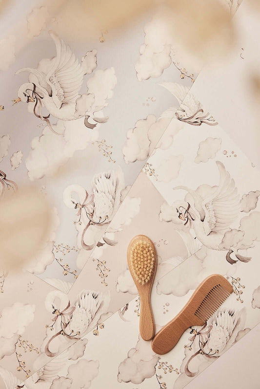 Close-up of Magic Swan wallpaper showing swan and cloud pattern in soft, whimsical style