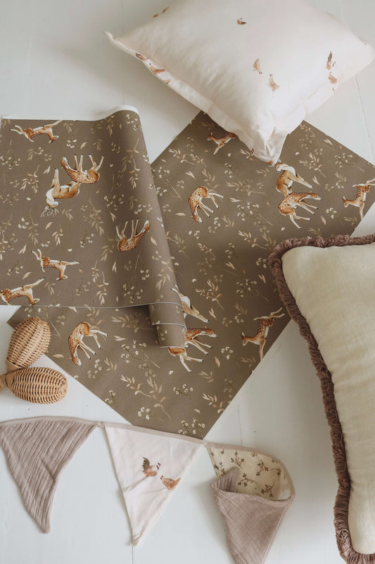Matuu Deer Glade dark beige wallpaper close-up showing delicate woodland design