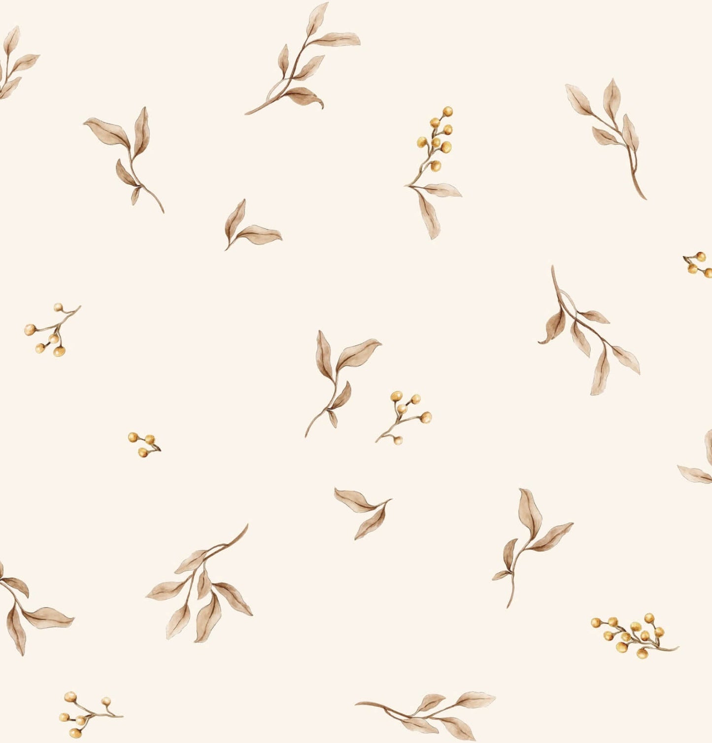 Little Leaves on Cream wallpaper close-up, delicate botanical pattern for kids’ and adult rooms.