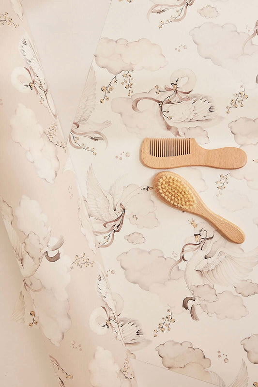 Hand-painted Magic Swan white wallpaper by Matuu, close-up on delicate swan pattern