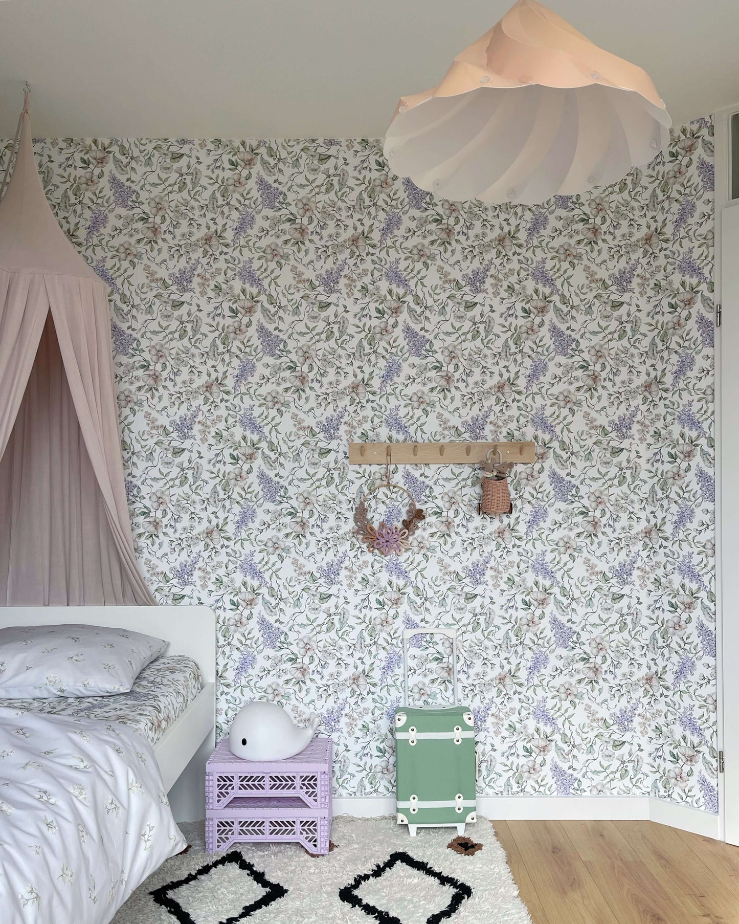 Matuu May Garden white wallpaper in bedroom with floral walls and airy Scandinavian interior