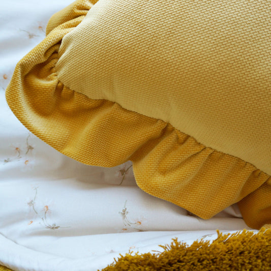 Mosterd fluwelen kussen met franje | Matuu