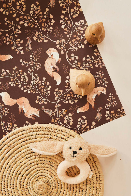 Close-up detail of Playful Fox on Dark Brown wallpaper, hand-painted foxes and delicate forest elements