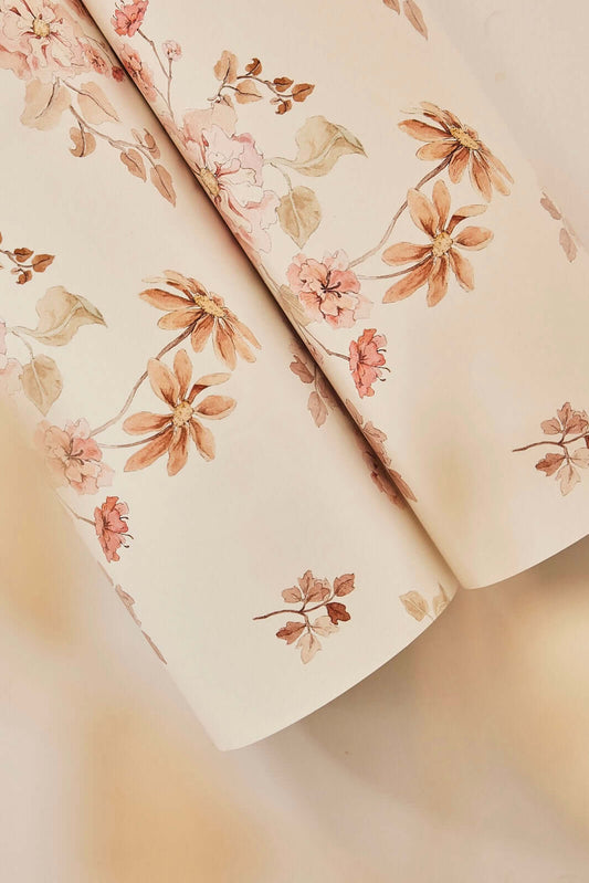 Rolled Vintage Meadow on Cream wallpaper showing warm vintage florals – Matuu design