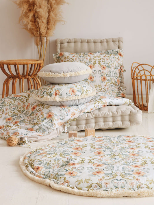 Matuu - Tangled flowers & grey velvet - round baby play mat, boxkleed