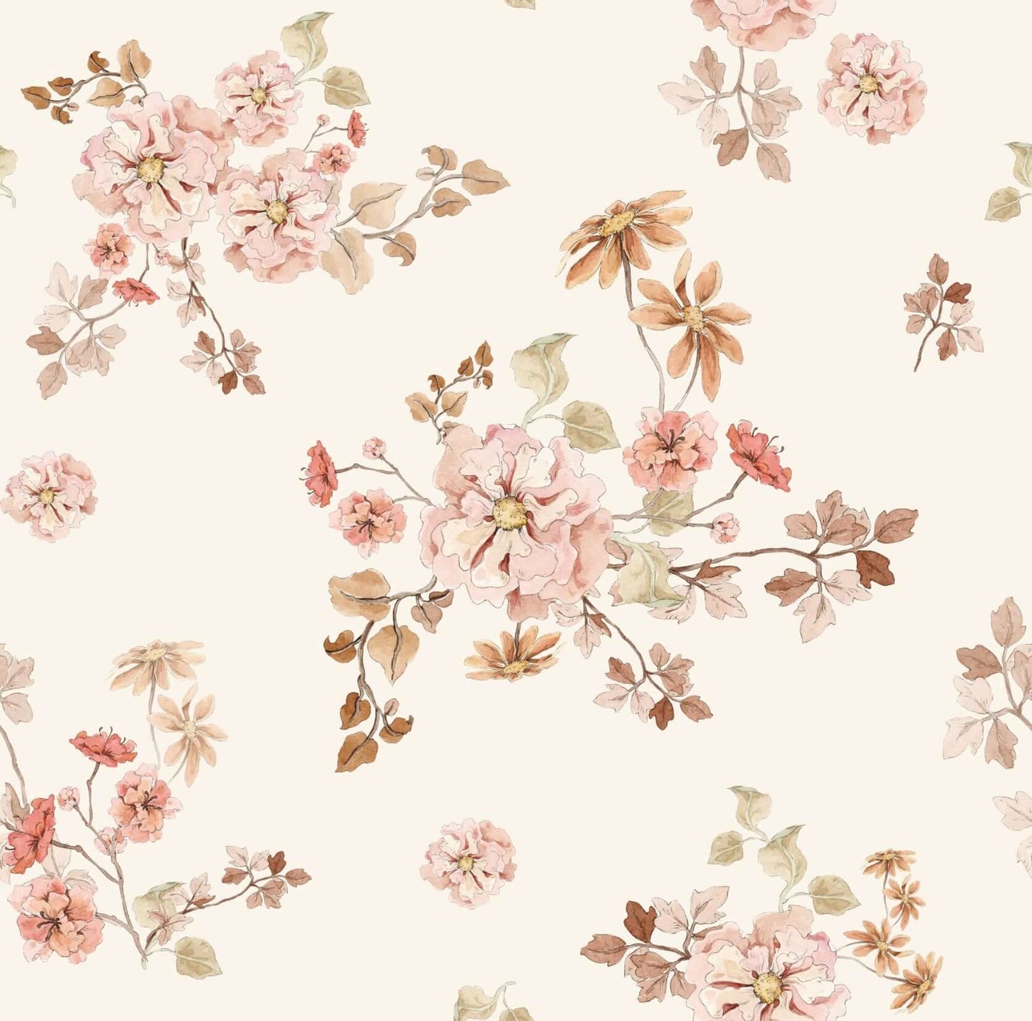 Detail shot of Vintage Meadow on Cream wallpaper featuring hand-painted botanical flowers