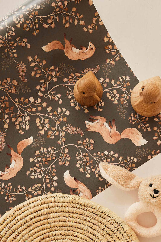 Close-up of Playful Fox on Green wallpaper by Matuu, cheerful hand-painted fox and leaf pattern