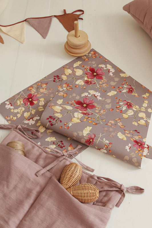 Matuu Indian Summer purple wallpaper styled samples showing botanical details on deep purple background