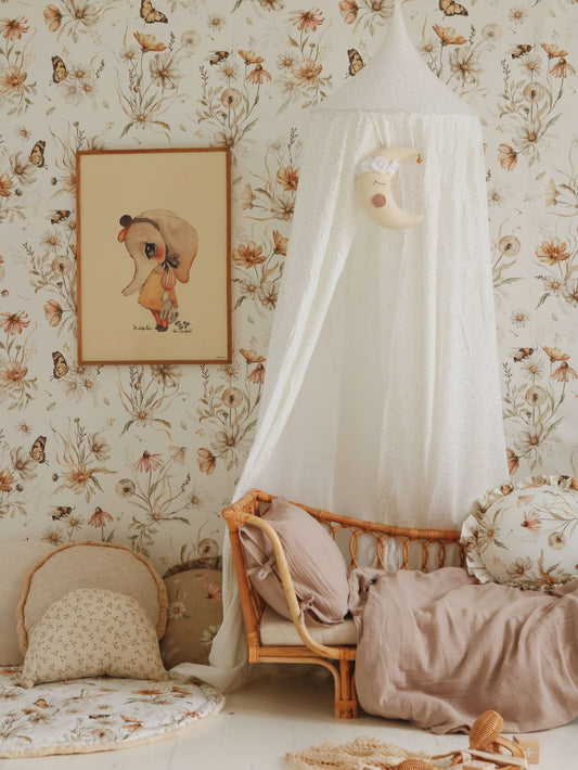 Nursery room styled with Golden Meadow on white wallpaper, adding warmth and nature-inspired charm to the space.