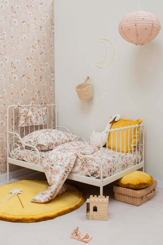 Matuu - Ecru small flowers & mustard - round baby play mat, boxkleed