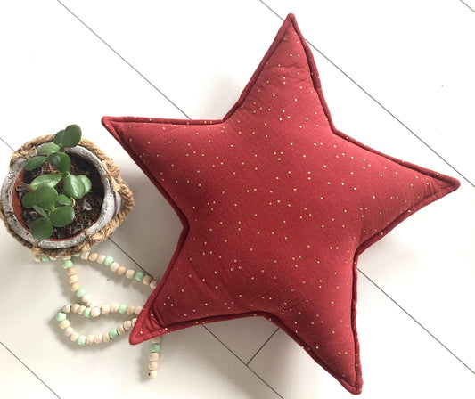 Matuu - Red rust star with gold dots - double gauze pillow, terakota pillow