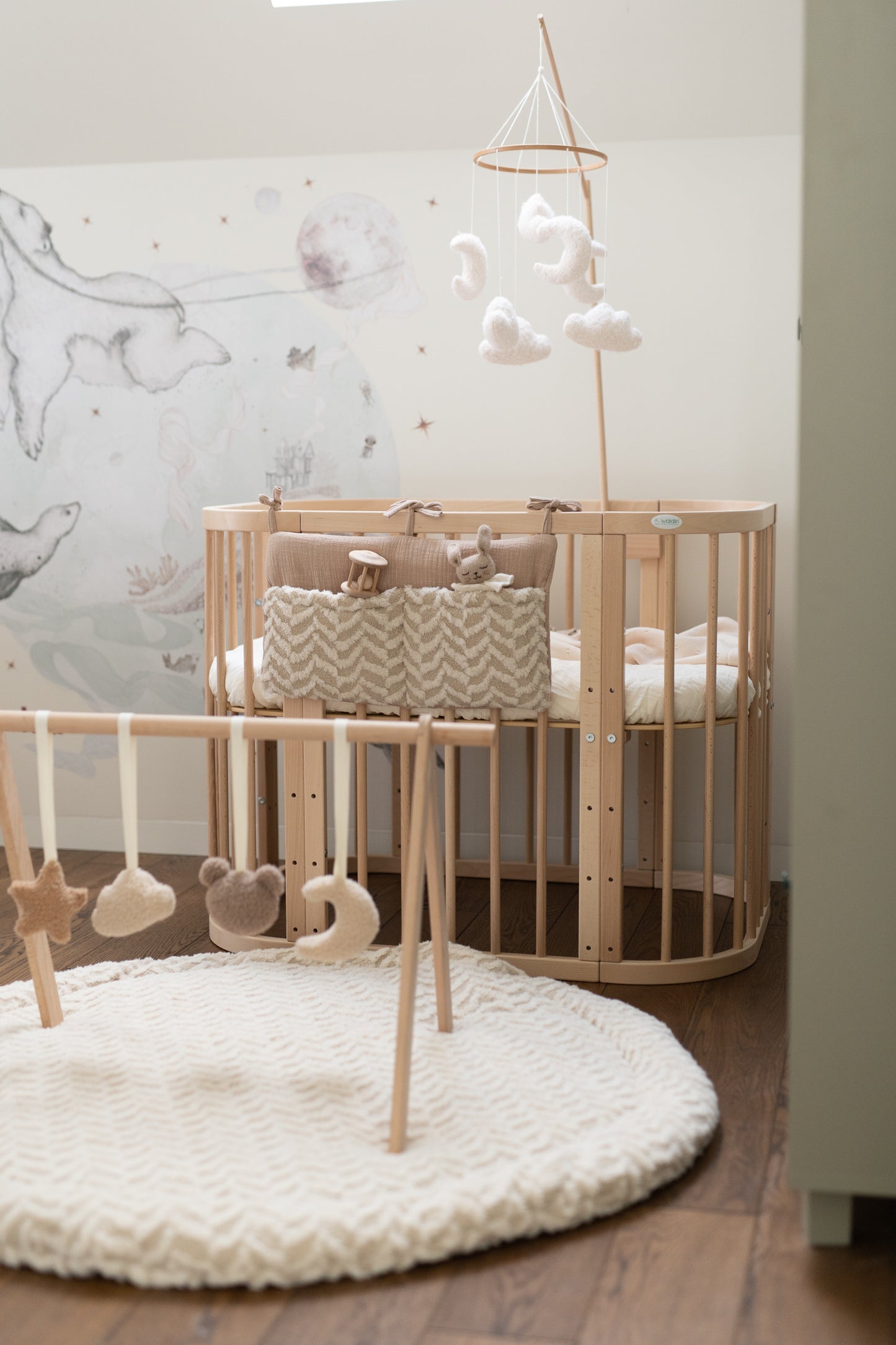 Creamy herringbone - teddy crib organizer, bed pocket