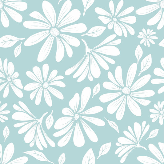 Daisy Bloom – Dusty Aqua Wallpaper featuring delicate floral pattern in soft aqua tones on a light background. Subtle, airy design with a calm, vintage feel.
