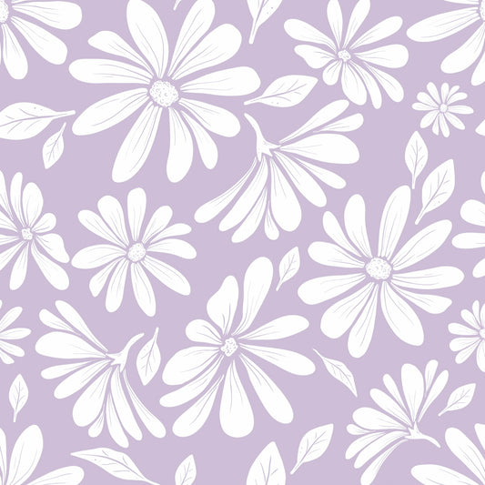 Daisy Bloom – Lilac Mist Wallpaper with soft lilac floral pattern on a light misty background. Gentle and romantic design with a subtle vintage feel.